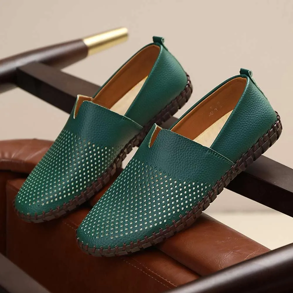 Men's Genuine Leather Loafer Shoes Slip On Soft Walking Shoes Perforated Driving Shoes
