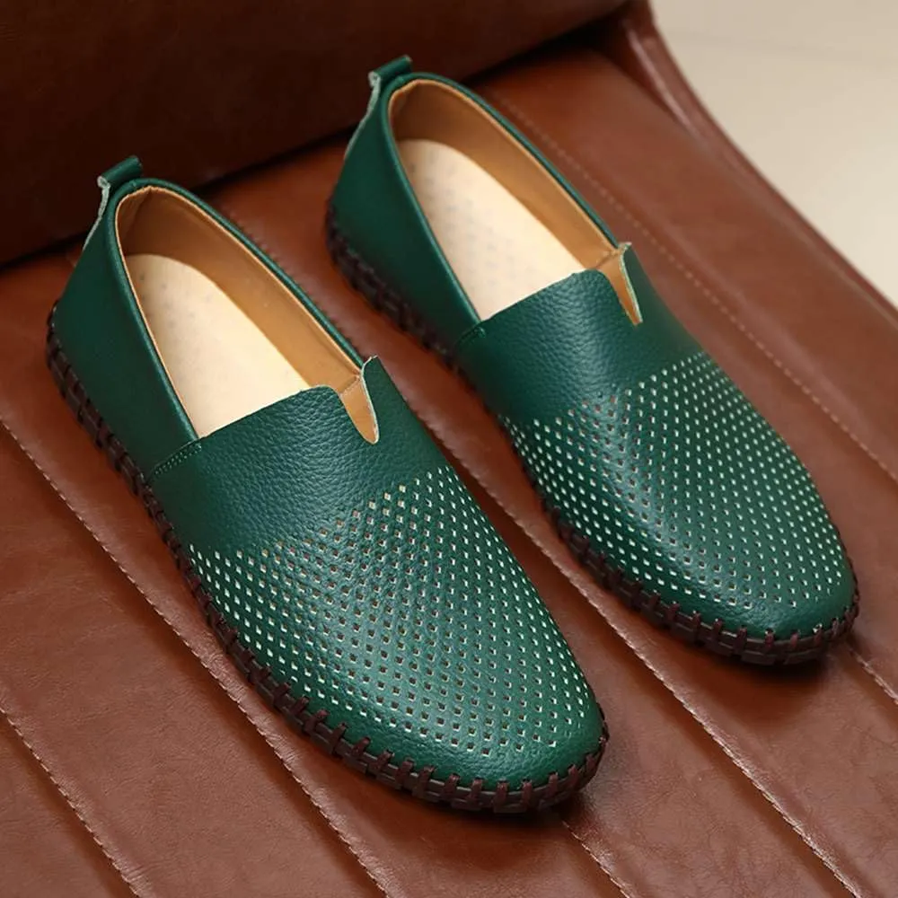 Men's Genuine Leather Loafer Shoes Slip On Soft Walking Shoes Perforated Driving Shoes