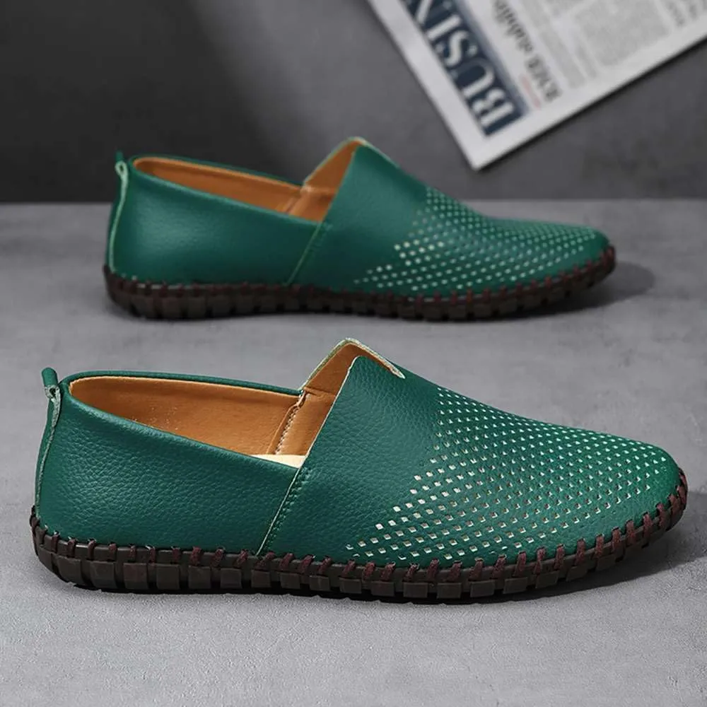 Men's Genuine Leather Loafer Shoes Slip On Soft Walking Shoes Perforated Driving Shoes