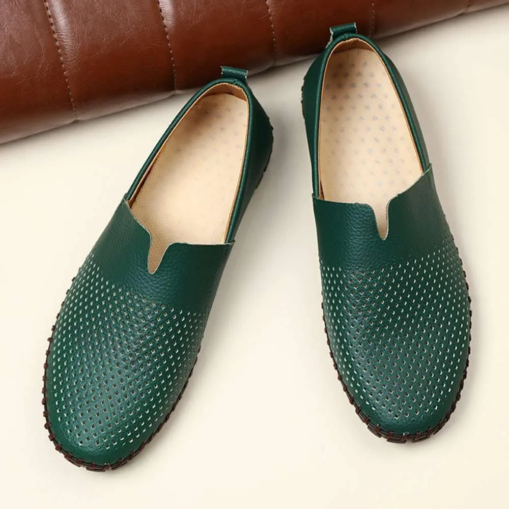 Men's Genuine Leather Loafer Shoes Slip On Soft Walking Shoes Perforated Driving Shoes