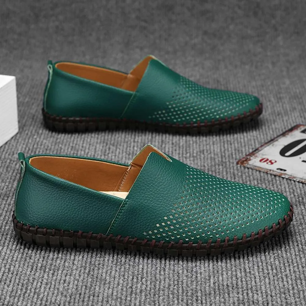 Men's Genuine Leather Loafer Shoes Slip On Soft Walking Shoes Perforated Driving Shoes