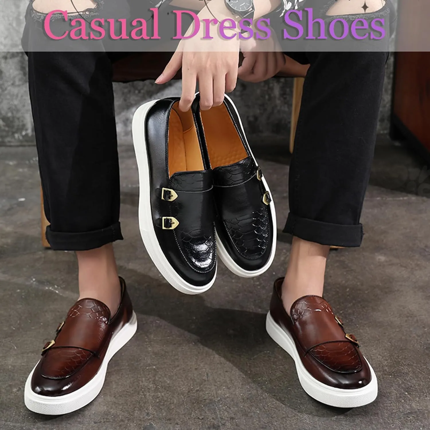 Men's Pattern Leather Double Monk Buckle Slip On Loafers Classic Round Toe Low Top Non-Slip Fashion Sneakers Luxury Casual Business Dress Shoes
