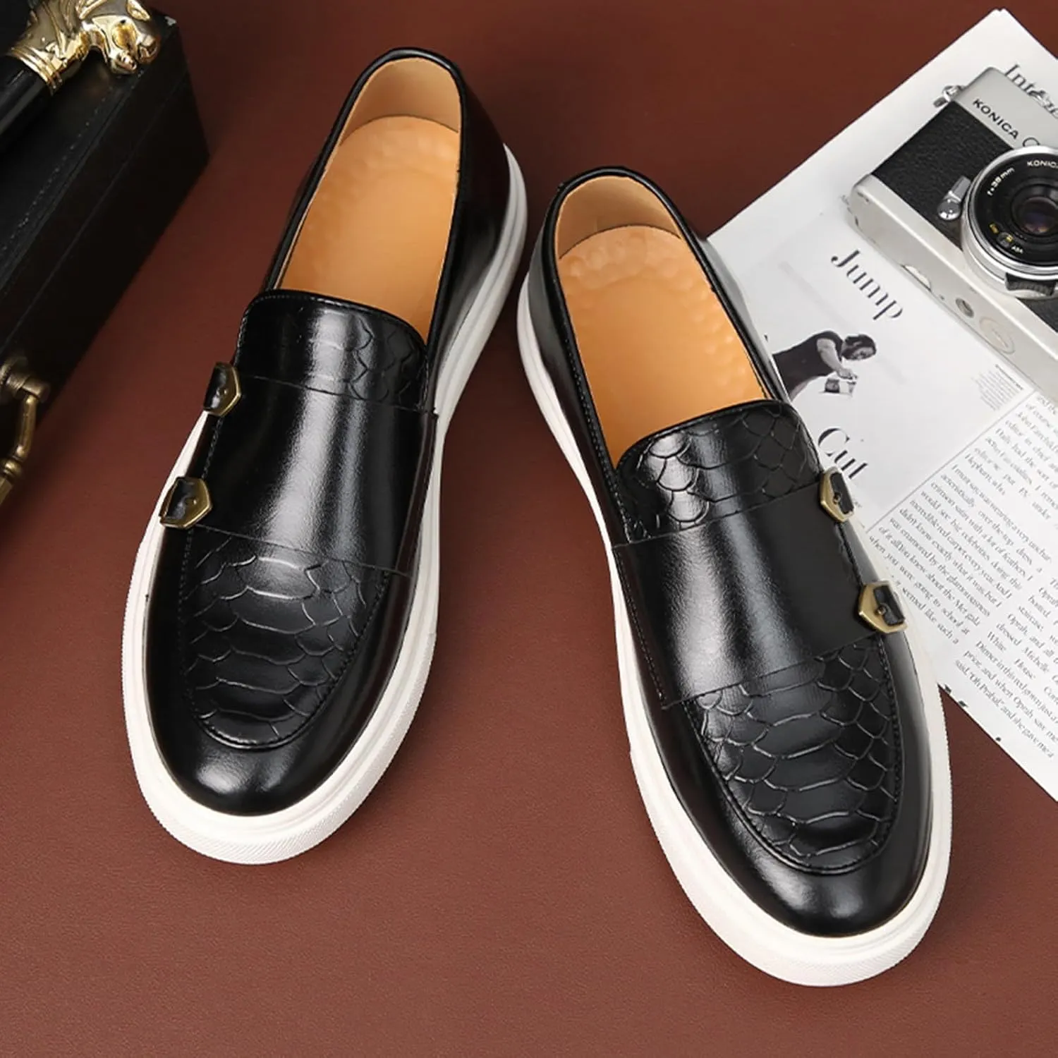 Men's Pattern Leather Double Monk Buckle Slip On Loafers Classic Round Toe Low Top Non-Slip Fashion Sneakers Luxury Casual Business Dress Shoes