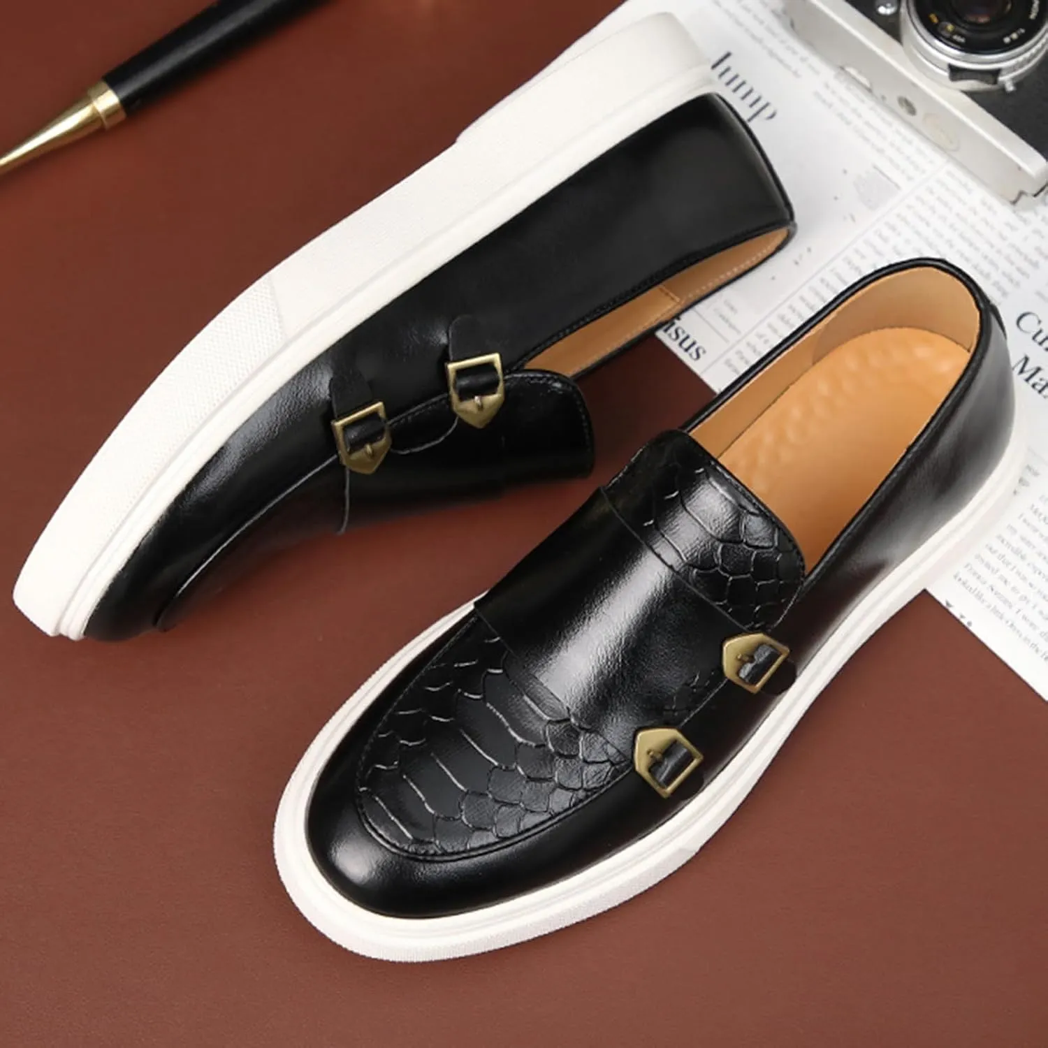 Men's Pattern Leather Double Monk Buckle Slip On Loafers Classic Round Toe Low Top Non-Slip Fashion Sneakers Luxury Casual Business Dress Shoes