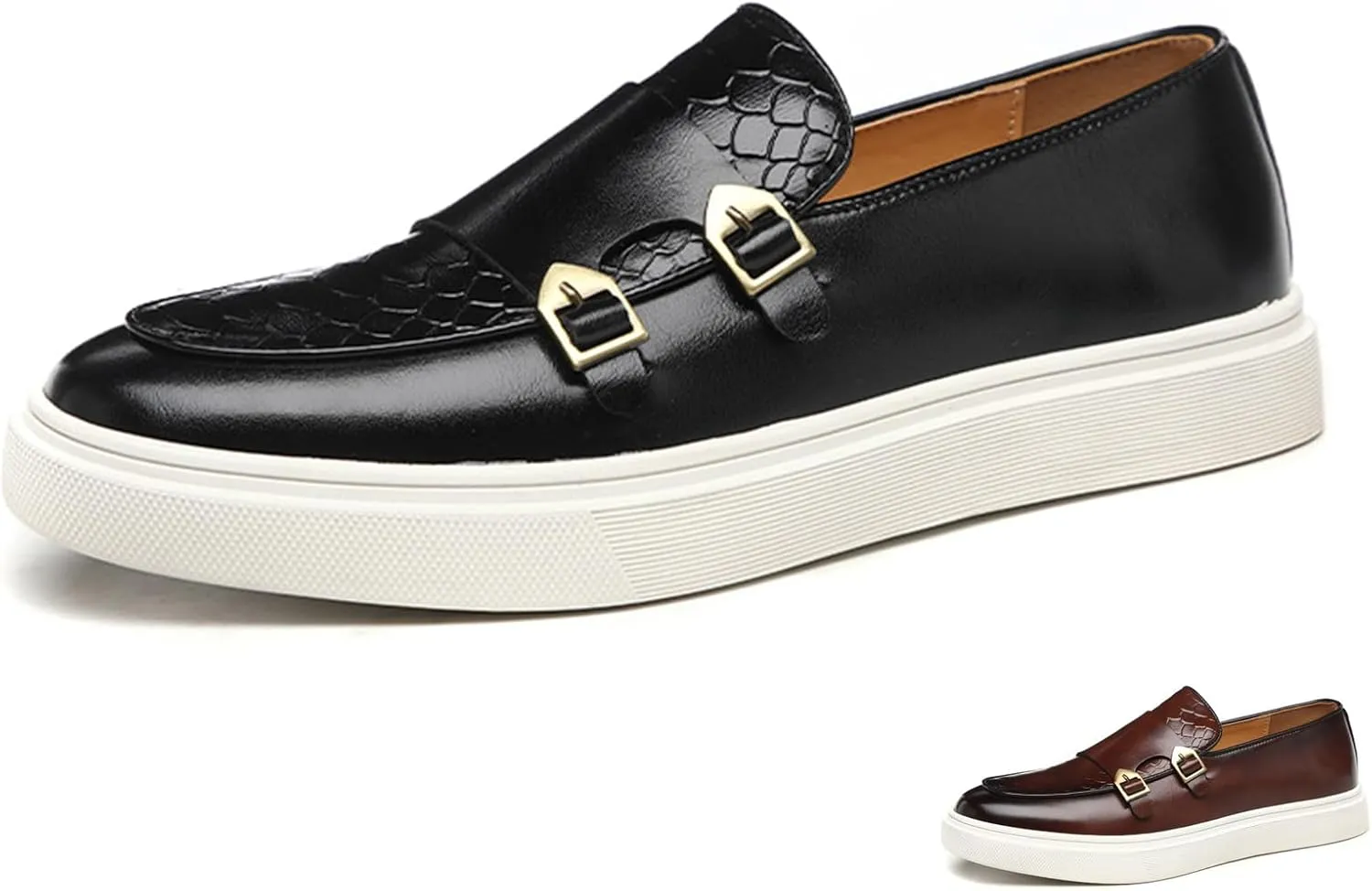 Men's Pattern Leather Double Monk Buckle Slip On Loafers Classic Round Toe Low Top Non-Slip Fashion Sneakers Luxury Casual Business Dress Shoes
