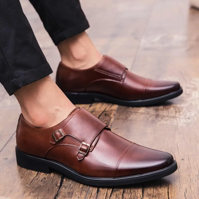 Oxford Dress Shoes for Men Slip On Round Burnished Toe Double Monk Strap Cap Toe Oxford Shoes Anti-Slip Slip Resistant Rubber Sole Block Heel Casual