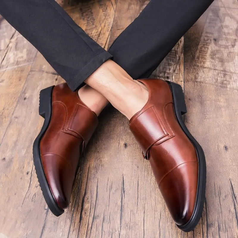 Oxford Dress Shoes for Men Slip On Round Burnished Toe Double Monk Strap Cap Toe Oxford Shoes Anti-Slip Slip Resistant Rubber Sole Block Heel Casual