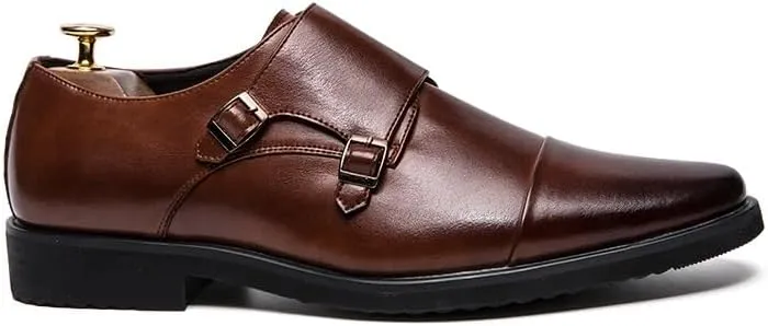 Oxford Dress Shoes for Men Slip On Round Burnished Toe Double Monk Strap Cap Toe Oxford Shoes Anti-Slip Slip Resistant Rubber Sole Block Heel Casual