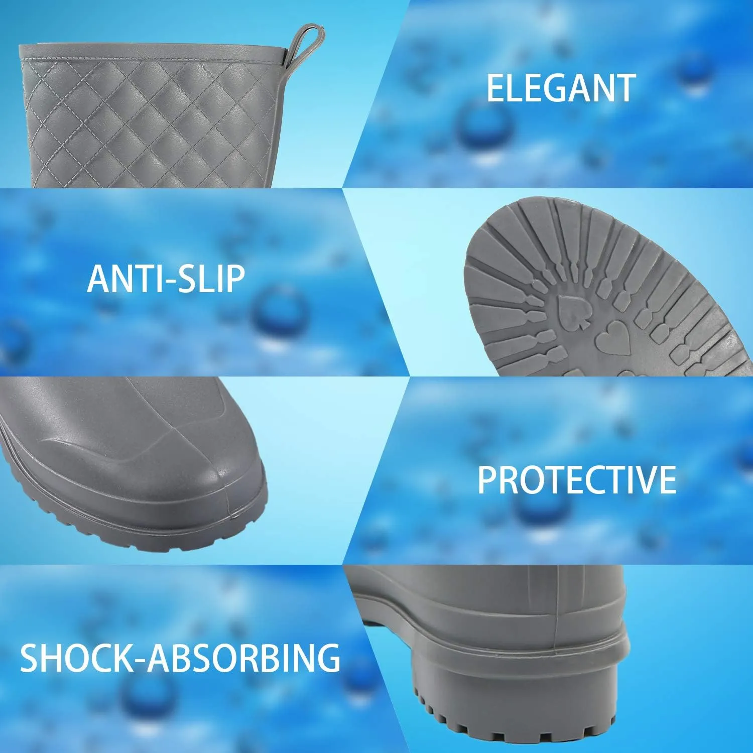 Petrass Women Rain Boots Black Waterproof Mid Calf Lightweight Cute Booties Fashion Out Work Comfortable Garden Shoes