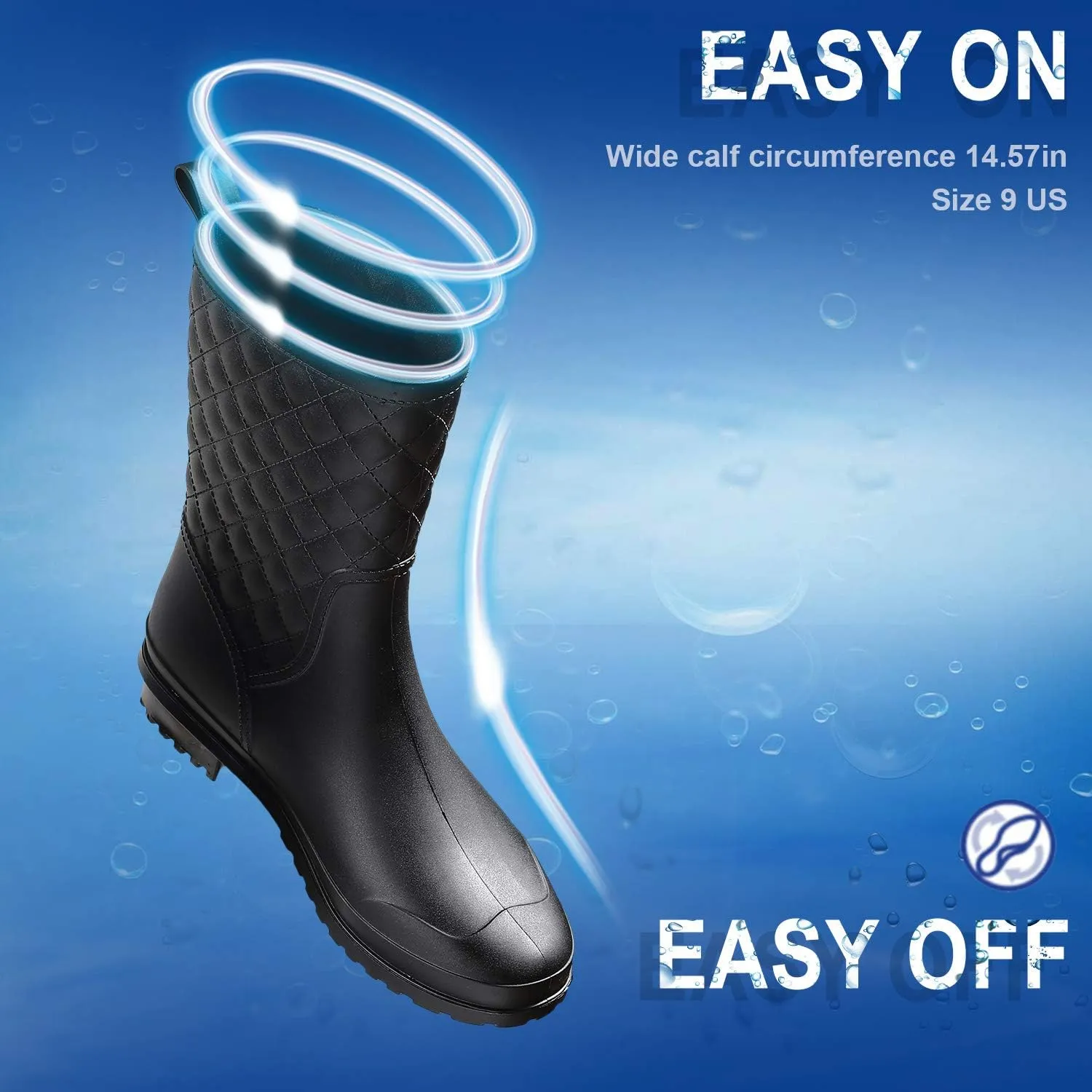 Petrass Women Rain Boots Black Waterproof Mid Calf Lightweight Cute Booties Fashion Out Work Comfortable Garden Shoes