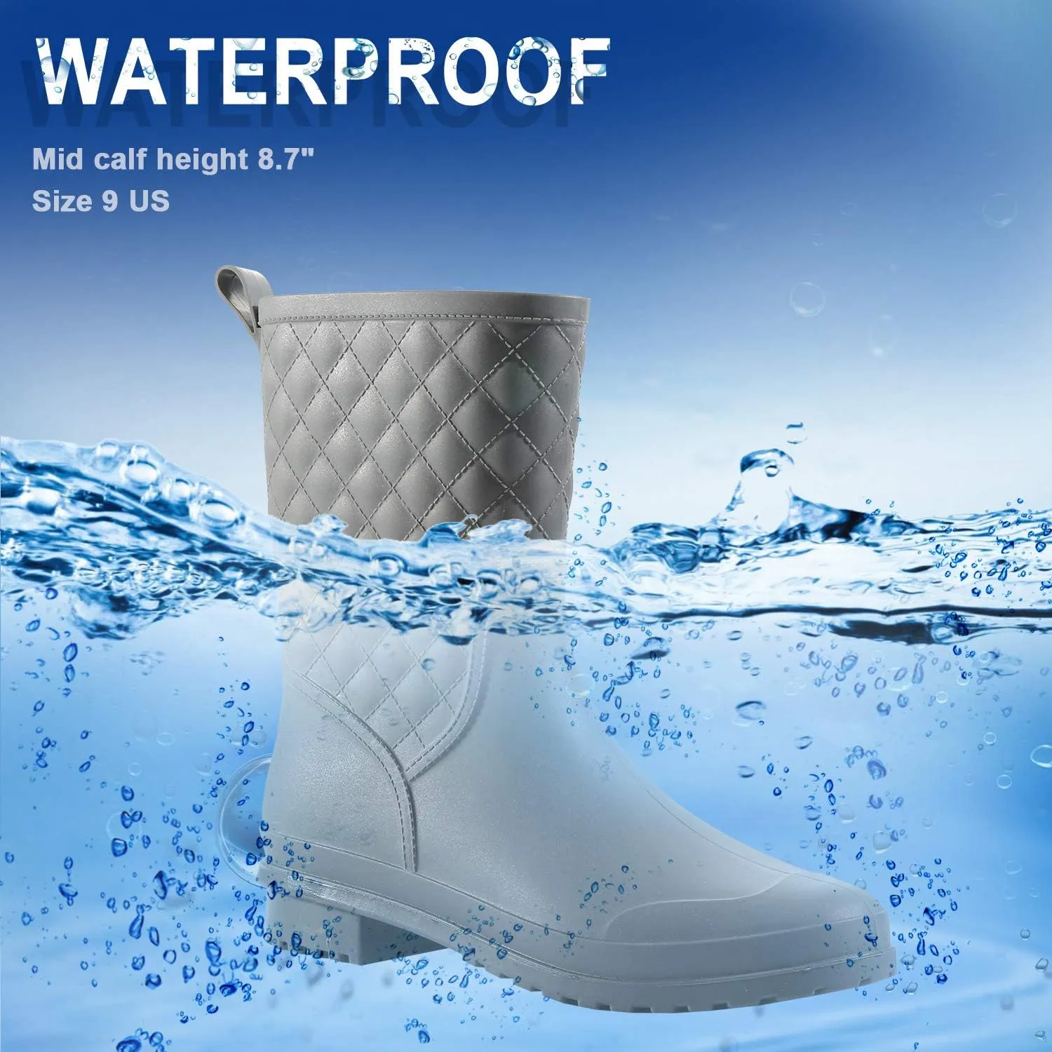 Petrass Women Rain Boots Black Waterproof Mid Calf Lightweight Cute Booties Fashion Out Work Comfortable Garden Shoes