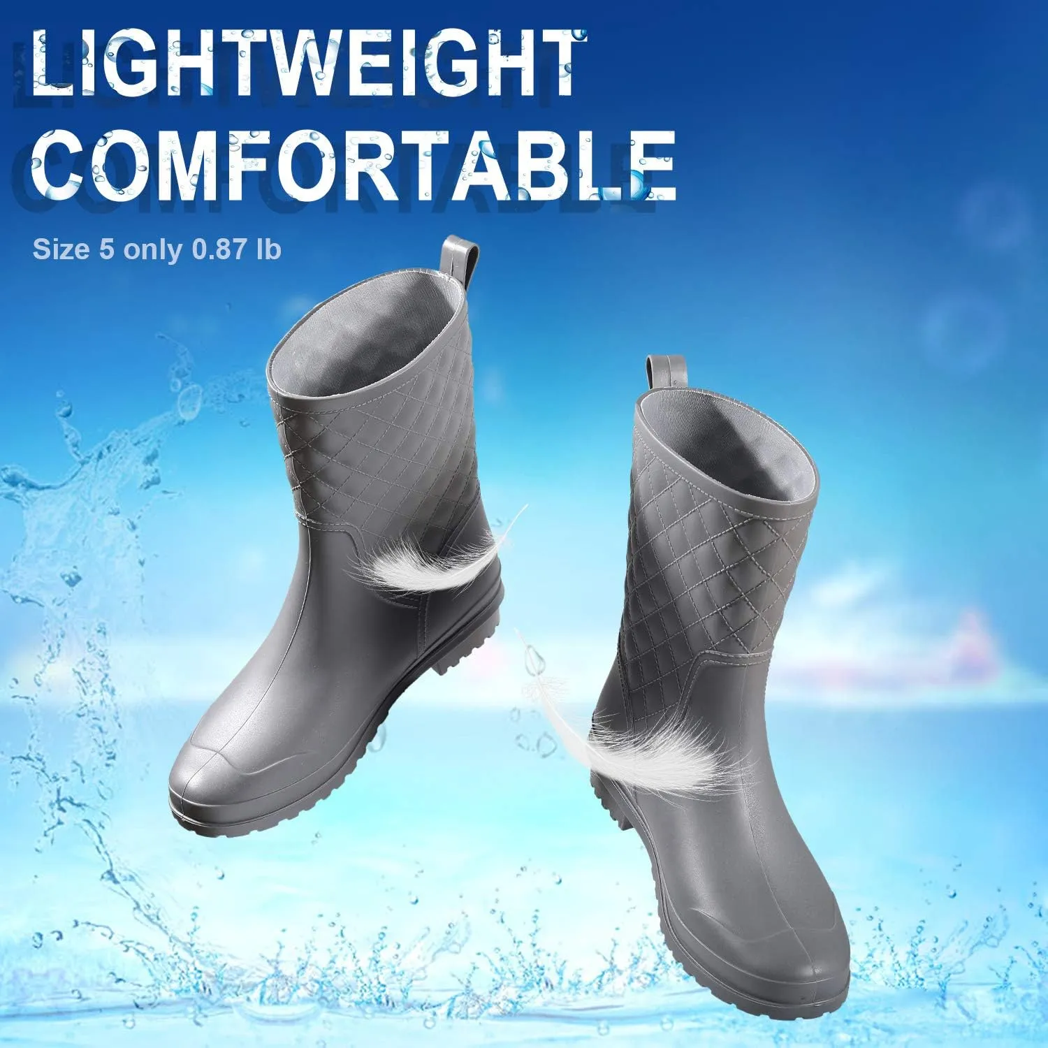 Petrass Women Rain Boots Black Waterproof Mid Calf Lightweight Cute Booties Fashion Out Work Comfortable Garden Shoes