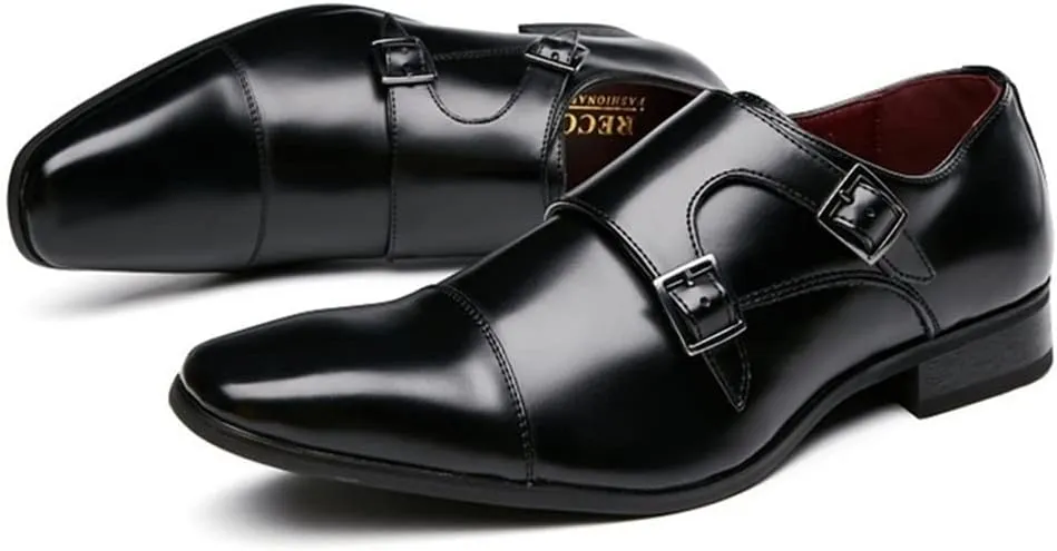 Shoes Dress Oxford for Men Slip On Double Monk Strap Cap Toe Round Toe Leather Non Slip Rubber Sole Low Top Working