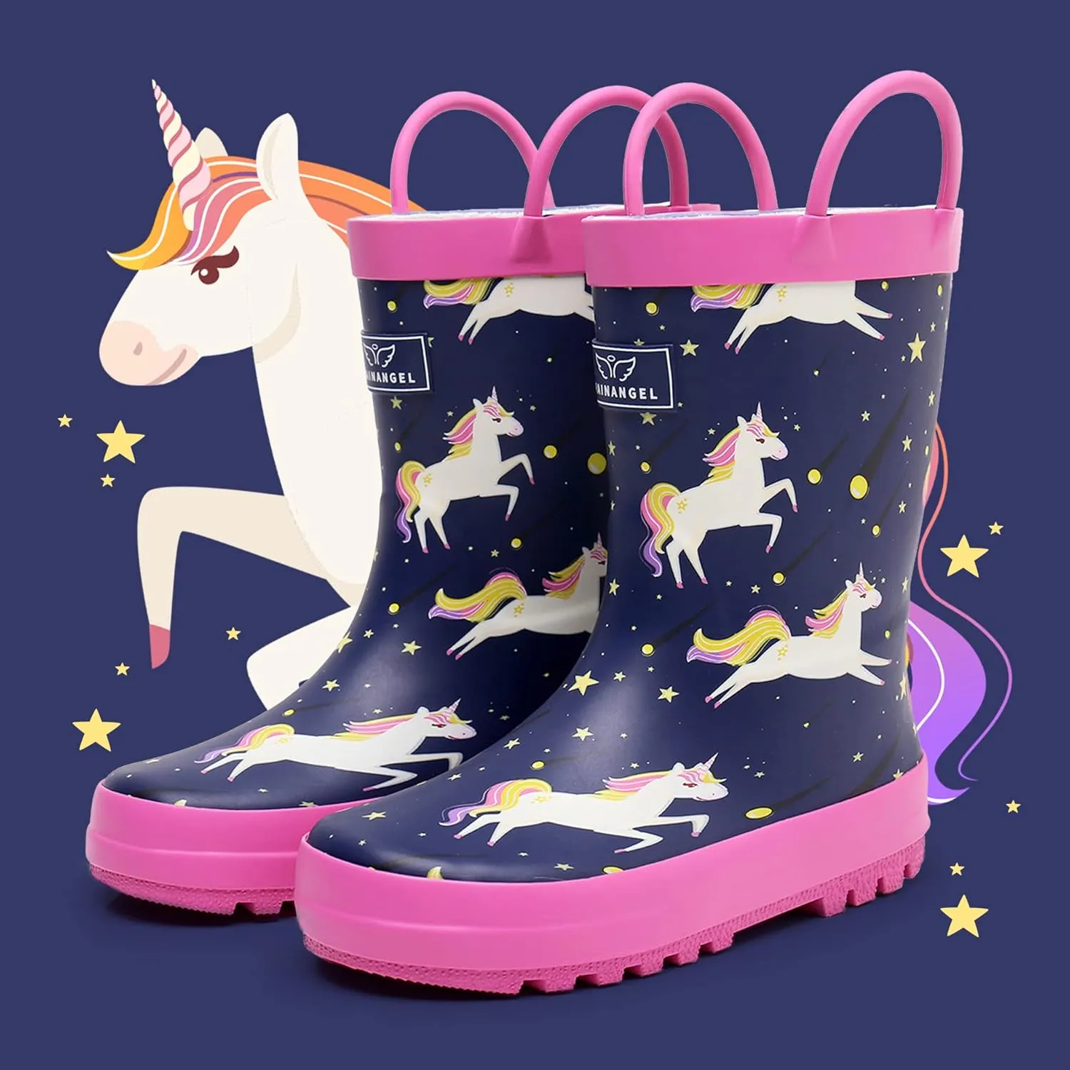 Toddler Rain Boots with Easy-On Handles, Waterproof Rubber Kids Rain Boots for Girls and Boys, in Fun Printed & Colors Unisex-Child Outdoor Rain Boots