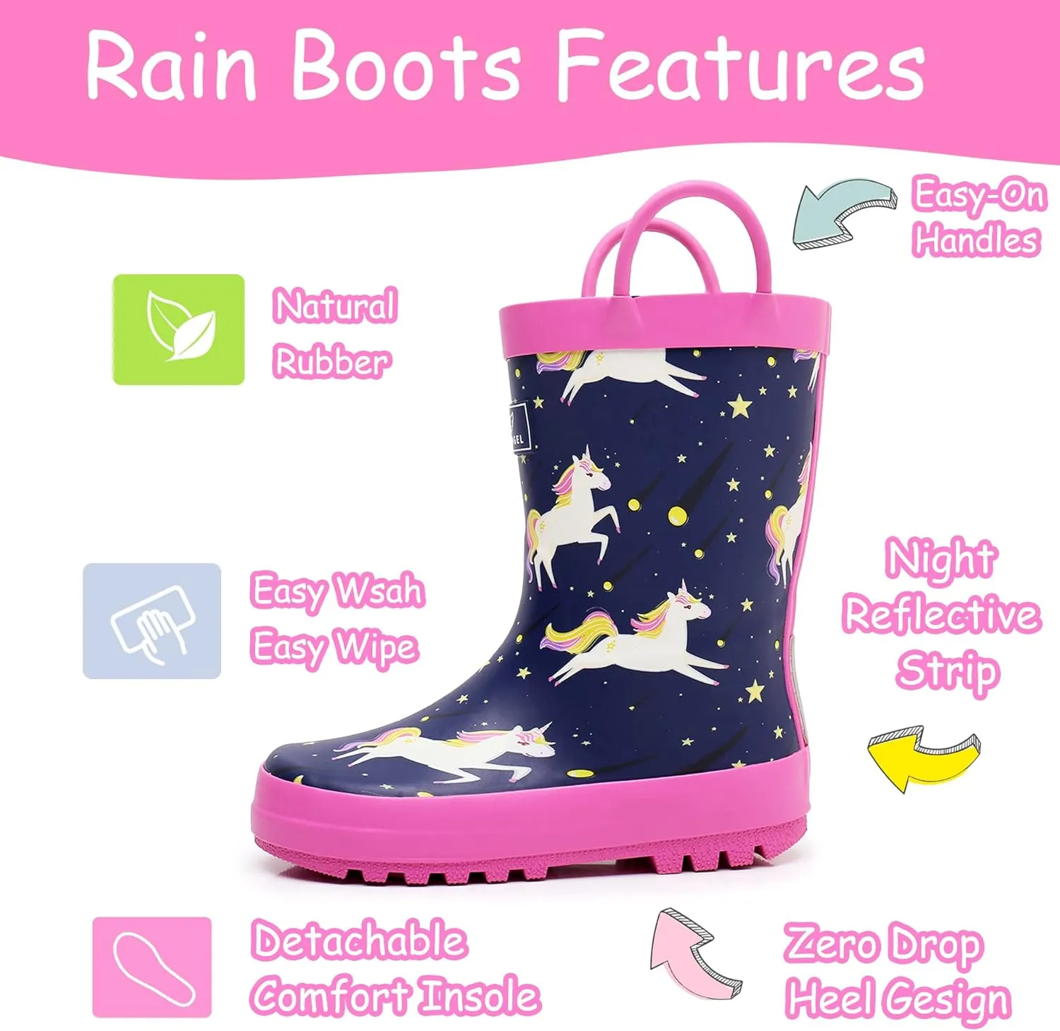 Toddler Rain Boots with Easy-On Handles, Waterproof Rubber Kids Rain Boots for Girls and Boys, in Fun Printed & Colors Unisex-Child Outdoor Rain Boots