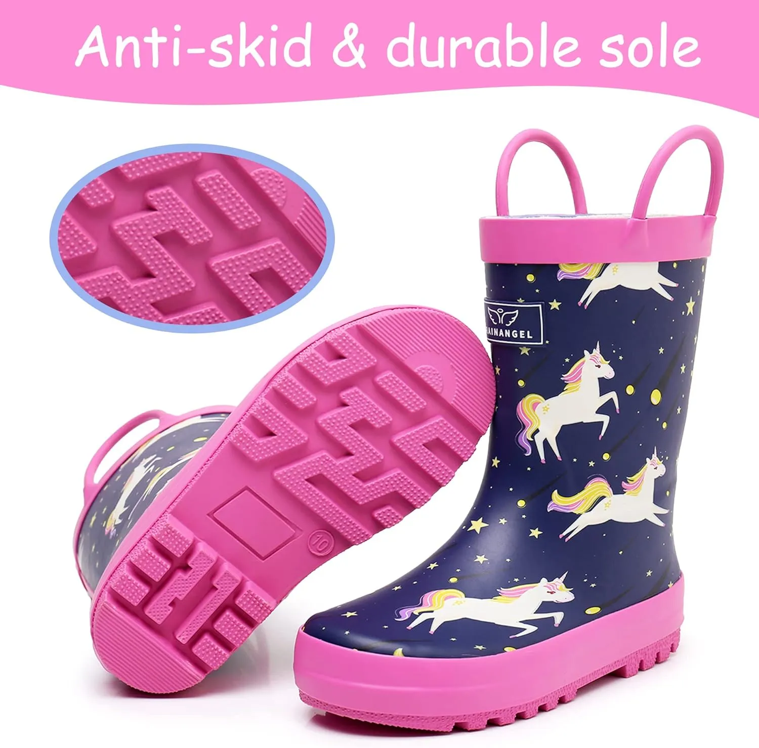 Toddler Rain Boots with Easy-On Handles, Waterproof Rubber Kids Rain Boots for Girls and Boys, in Fun Printed & Colors Unisex-Child Outdoor Rain Boots