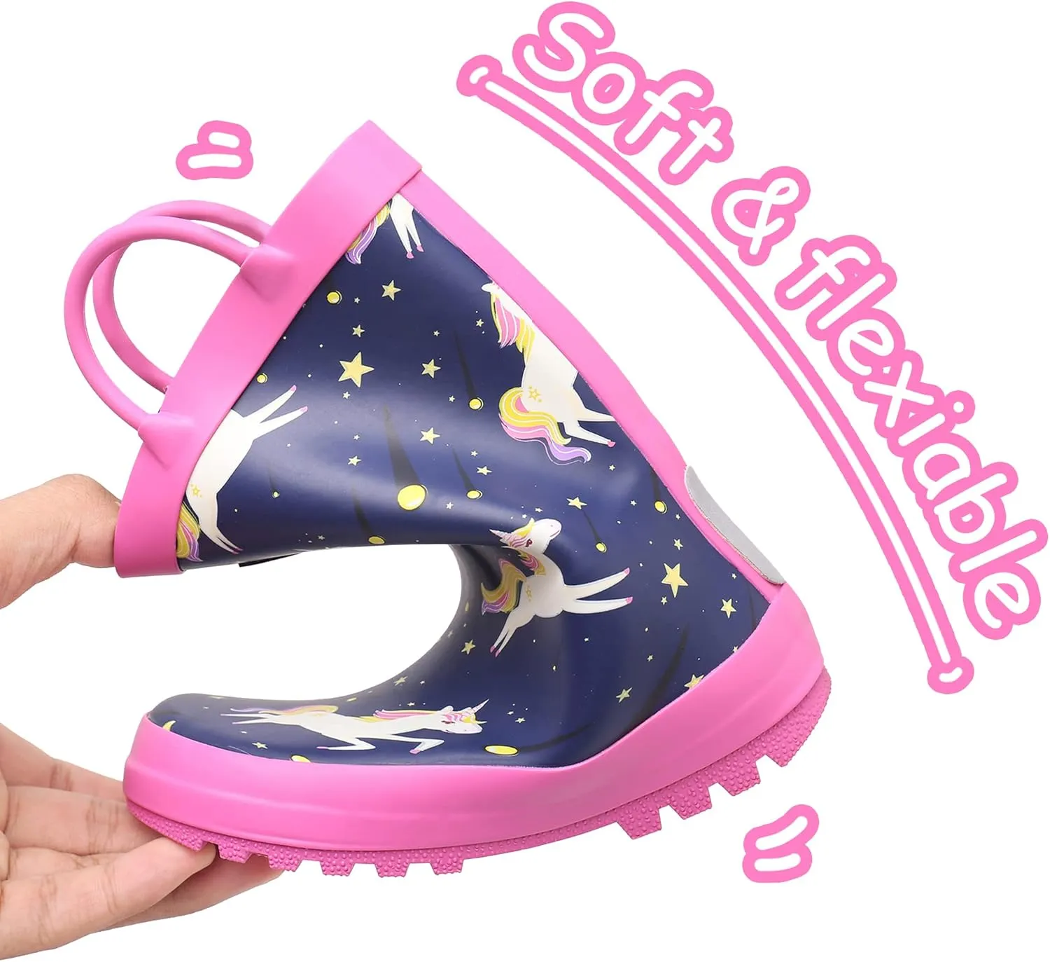 Toddler Rain Boots with Easy-On Handles, Waterproof Rubber Kids Rain Boots for Girls and Boys, in Fun Printed & Colors Unisex-Child Outdoor Rain Boots