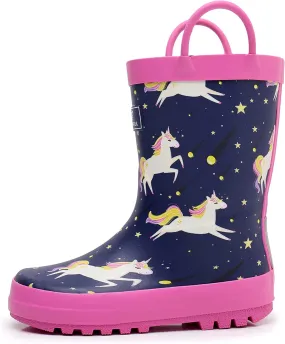 Toddler Rain Boots with Easy-On Handles, Waterproof Rubber Kids Rain Boots for Girls and Boys, in Fun Printed & Colors Unisex-Child Outdoor Rain Boots