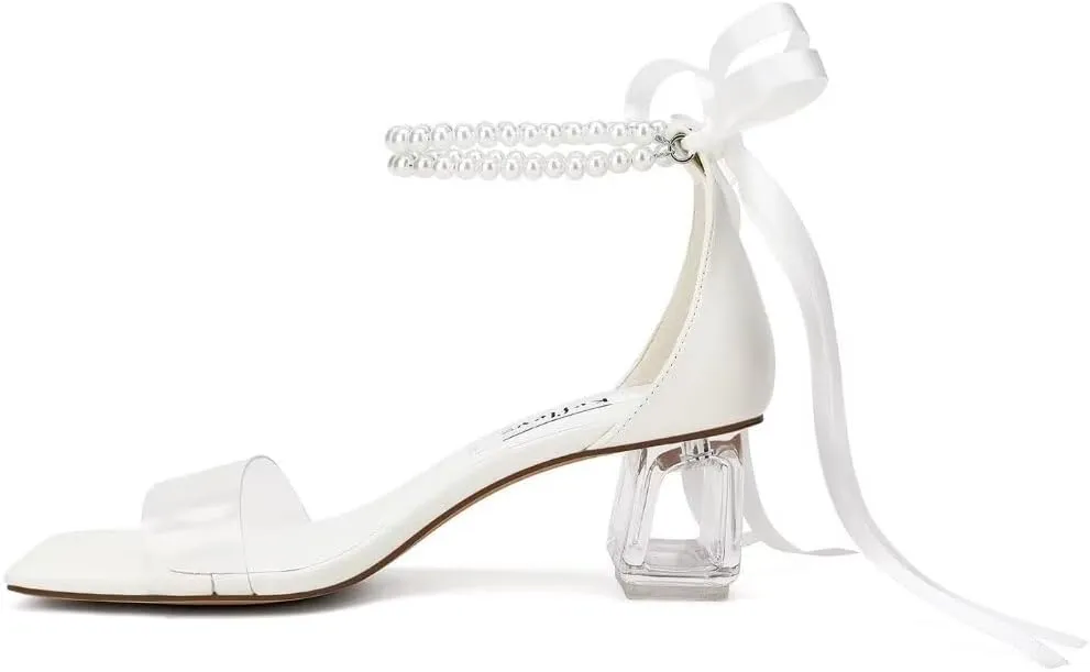 Women's Clear Block Heel Sandals with Pearl Ankle Strap Transparent Lucite Heel for Wedding Party