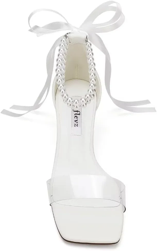 Women's Clear Block Heel Sandals with Pearl Ankle Strap Transparent Lucite Heel for Wedding Party