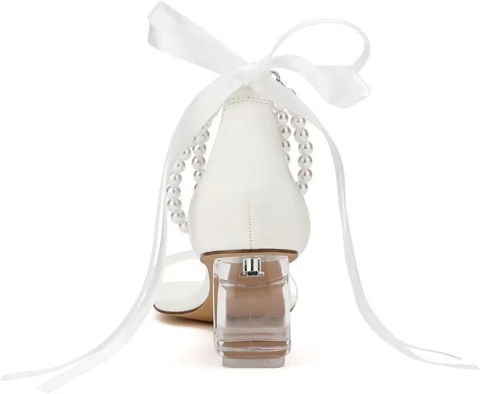 Women's Clear Block Heel Sandals with Pearl Ankle Strap Transparent Lucite Heel for Wedding Party