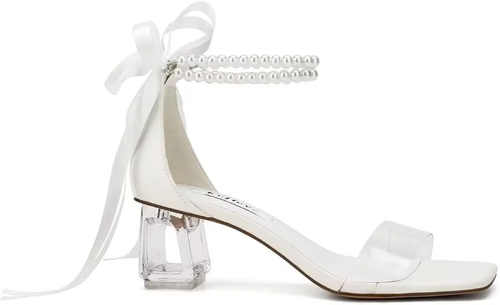 Women's Clear Block Heel Sandals with Pearl Ankle Strap Transparent Lucite Heel for Wedding Party