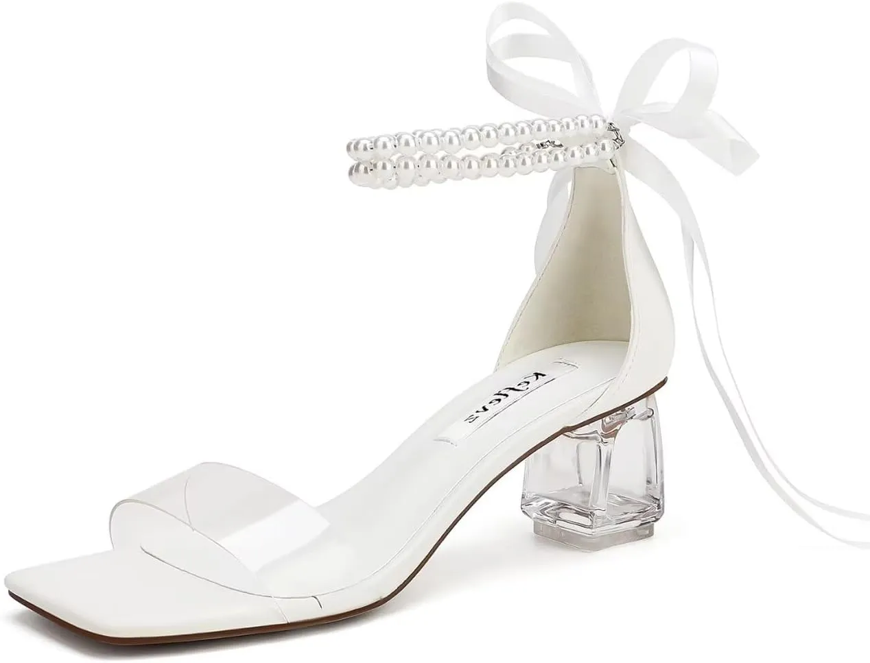 Women's Clear Block Heel Sandals with Pearl Ankle Strap Transparent Lucite Heel for Wedding Party
