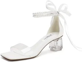 Women's Clear Block Heel Sandals with Pearl Ankle Strap Transparent Lucite Heel for Wedding Party