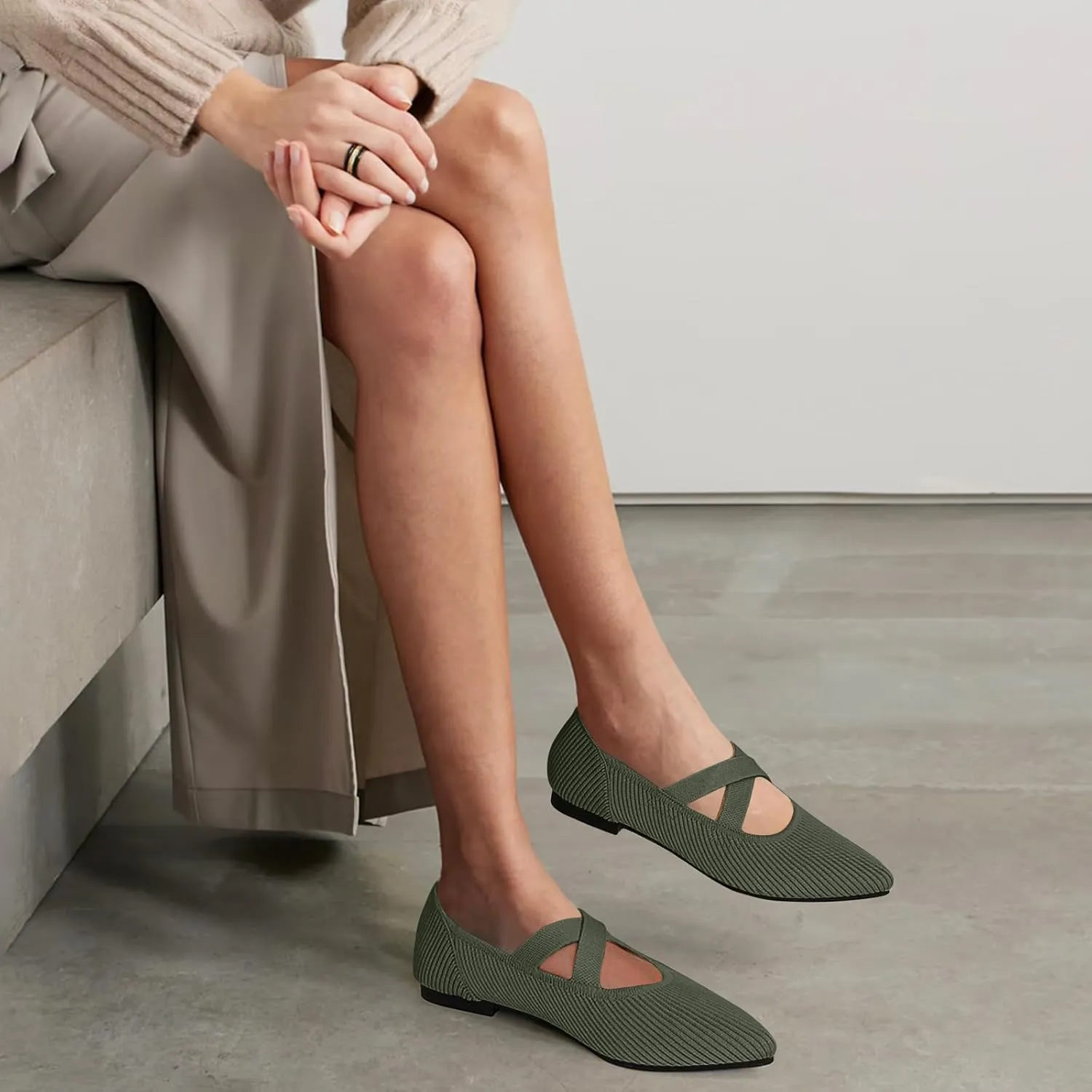 Women's Flats Shoes Pointed Toe Knit Washable Comfortable Dressy Mary Jane Ballet Flat with Strap