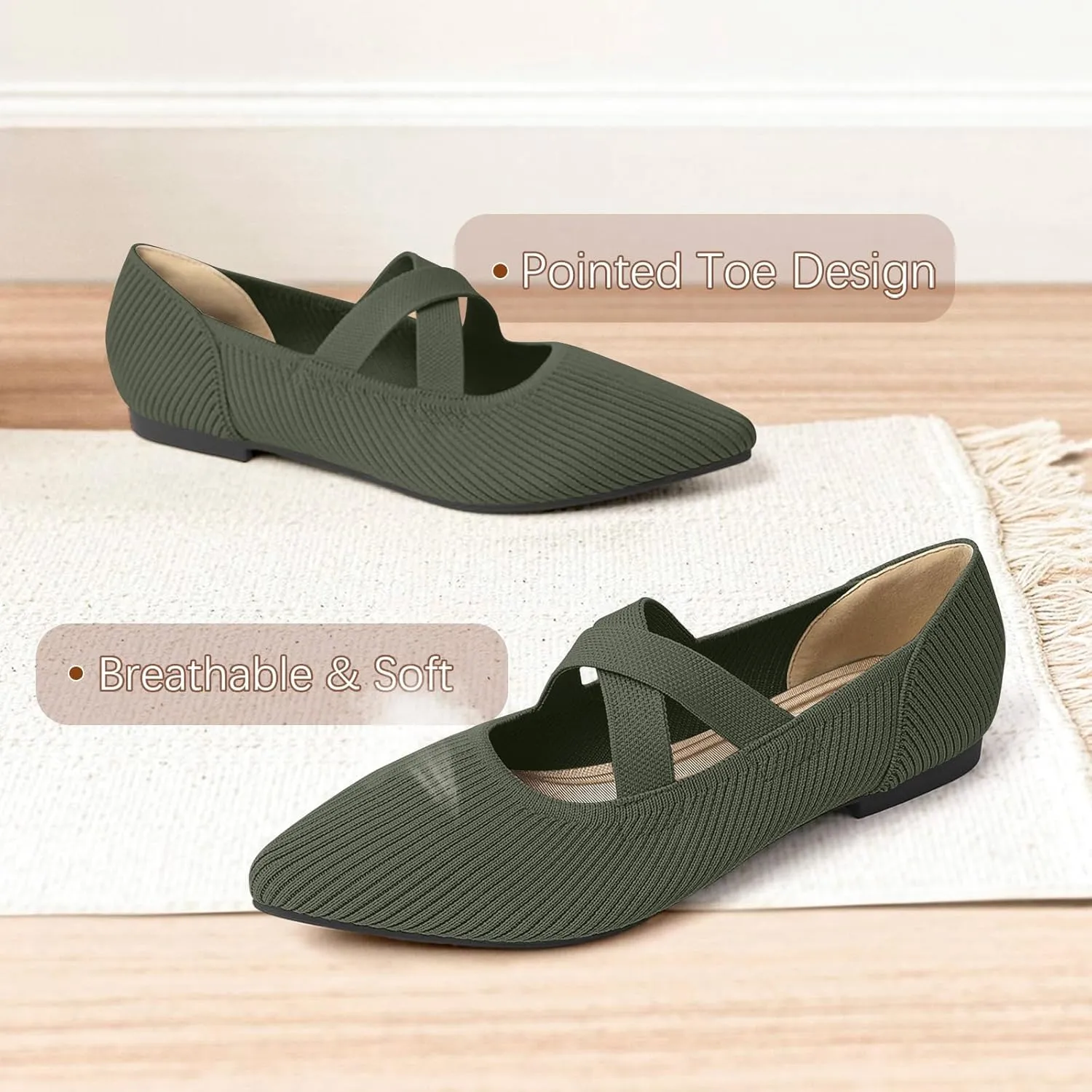 Women's Flats Shoes Pointed Toe Knit Washable Comfortable Dressy Mary Jane Ballet Flat with Strap