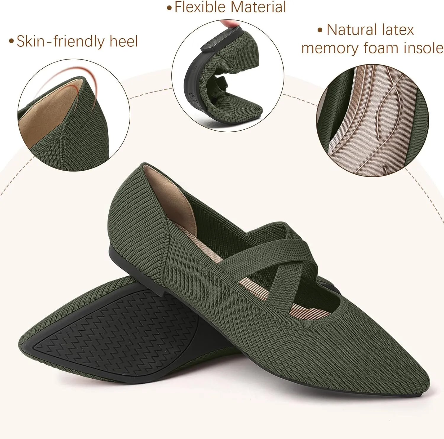 Women's Flats Shoes Pointed Toe Knit Washable Comfortable Dressy Mary Jane Ballet Flat with Strap