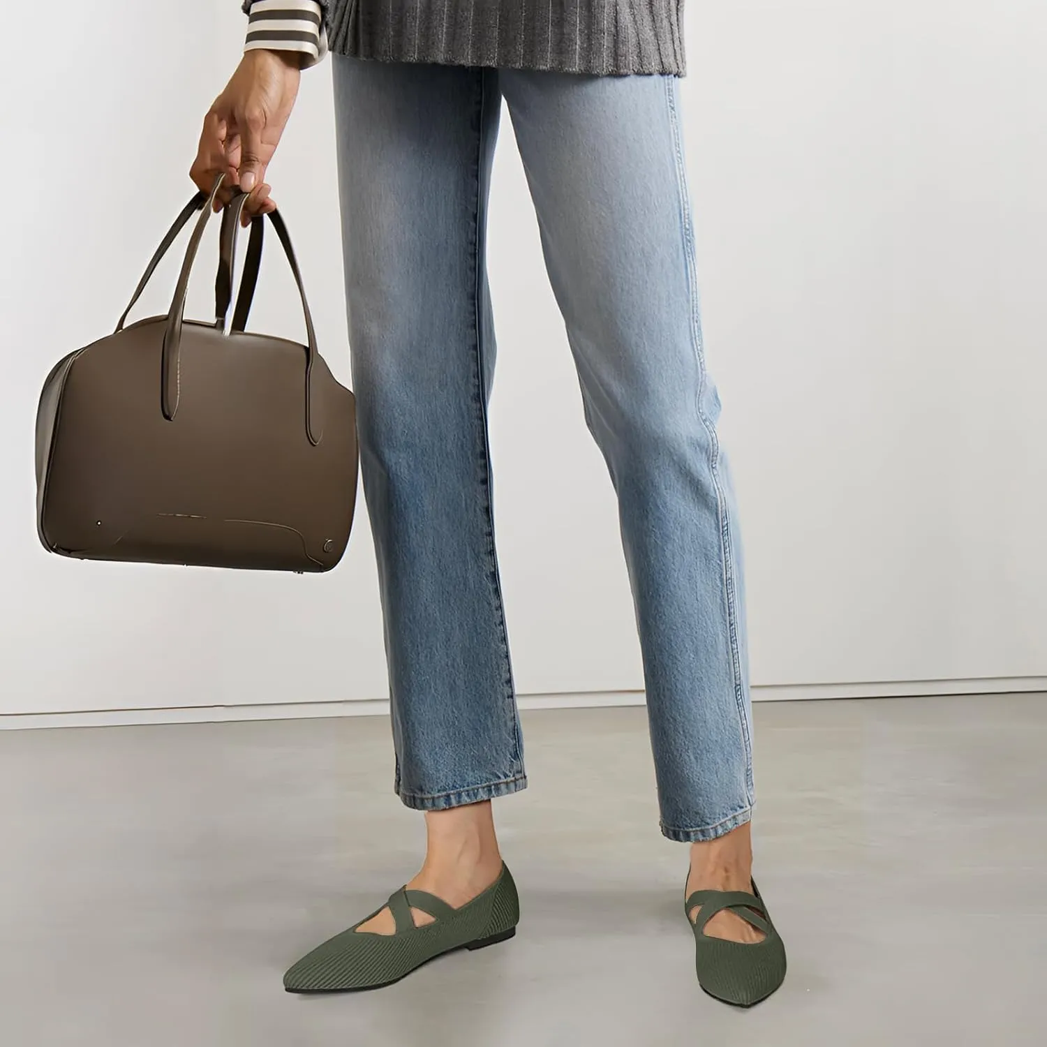 Women's Flats Shoes Pointed Toe Knit Washable Comfortable Dressy Mary Jane Ballet Flat with Strap