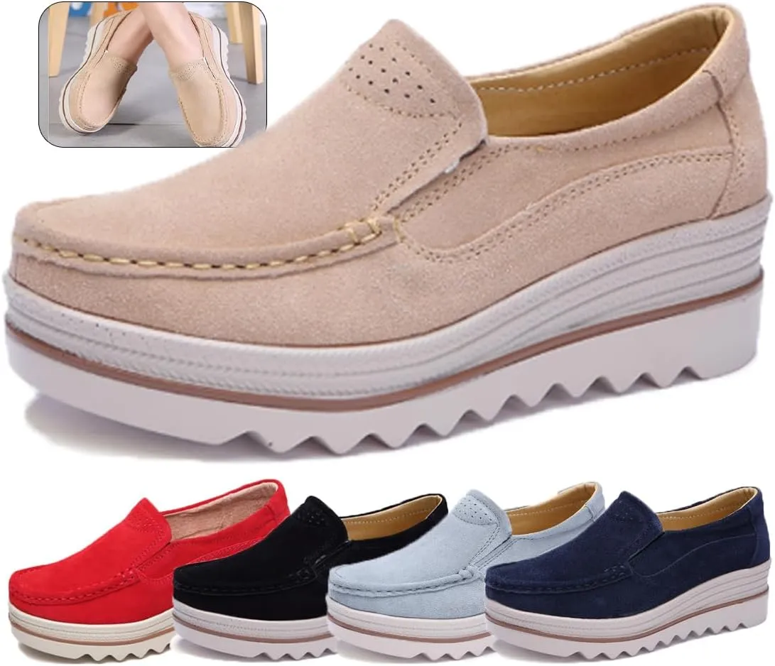 Women's Leather Platform Loafers Faux Suede Comfort Moccasins Comfortable Thick Soled Breathable Loafers，Wide Low Top Shoes Business Casual Walking Shoes