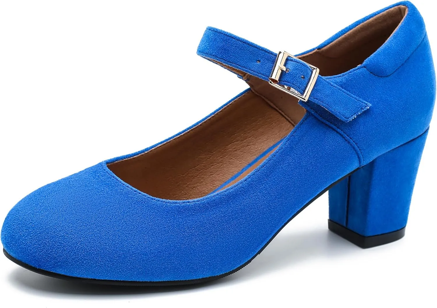 Women's Mary Jane Shoes Low Block Heel Ankle Strap Closed Round Toe Pumps Dress Wedding Office Work Church Shoes Royal Blue Suede 46-12US