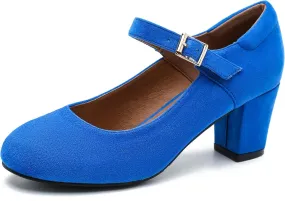 Women's Mary Jane Shoes Low Block Heel Ankle Strap Closed Round Toe Pumps Dress Wedding Office Work Church Shoes Royal Blue Suede 46-12US