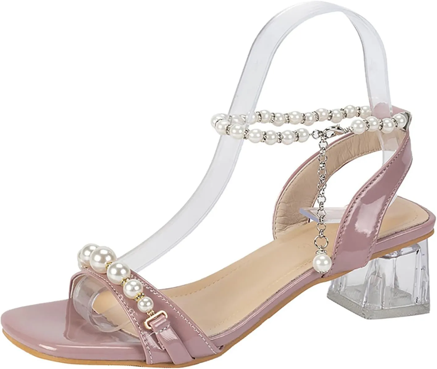 Women's Square Toe Clear Heels Sexy Bow Heels Ankle Strap Block Heeled Sandals Pearl Heels Wedding Party Shoes