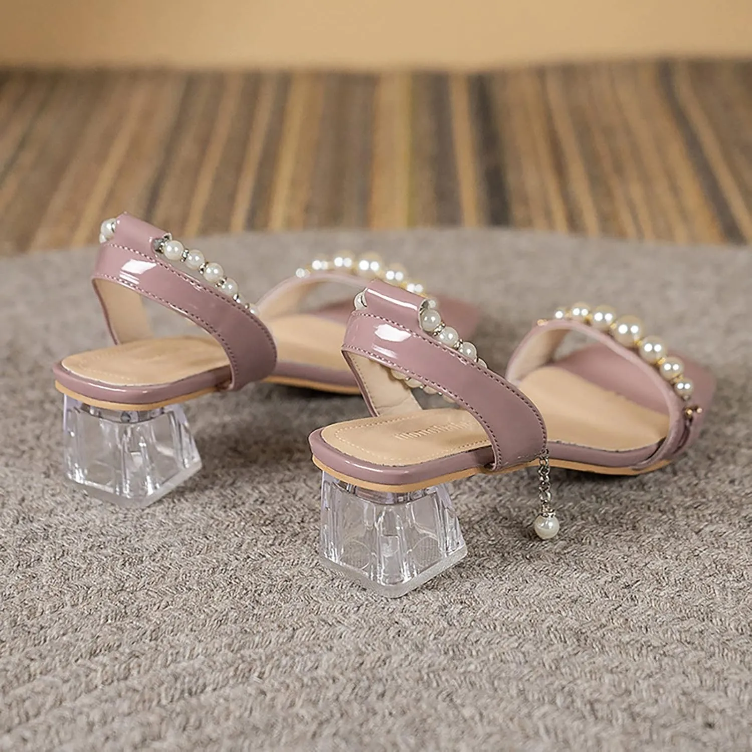 Women's Square Toe Clear Heels Sexy Bow Heels Ankle Strap Block Heeled Sandals Pearl Heels Wedding Party Shoes