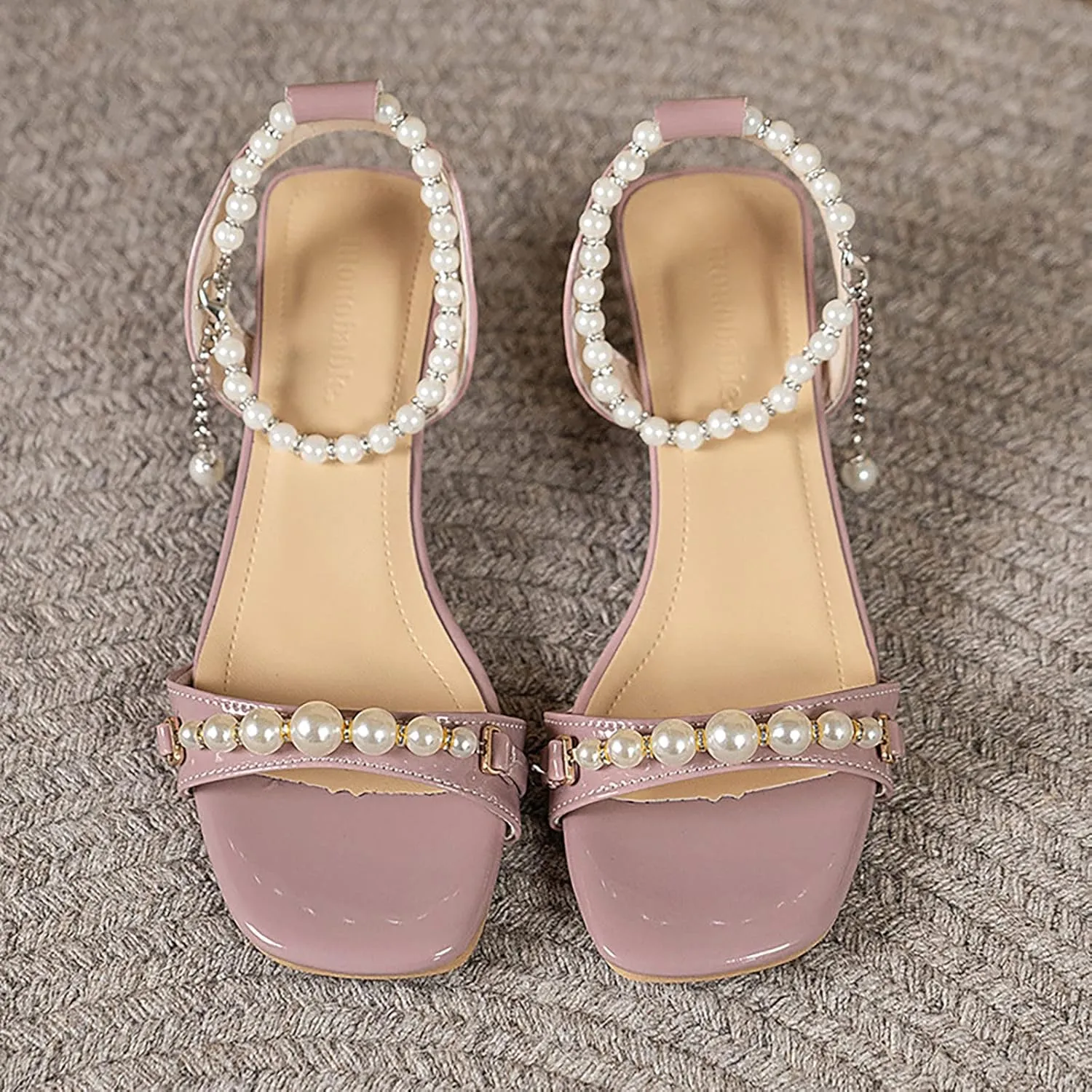 Women's Square Toe Clear Heels Sexy Bow Heels Ankle Strap Block Heeled Sandals Pearl Heels Wedding Party Shoes