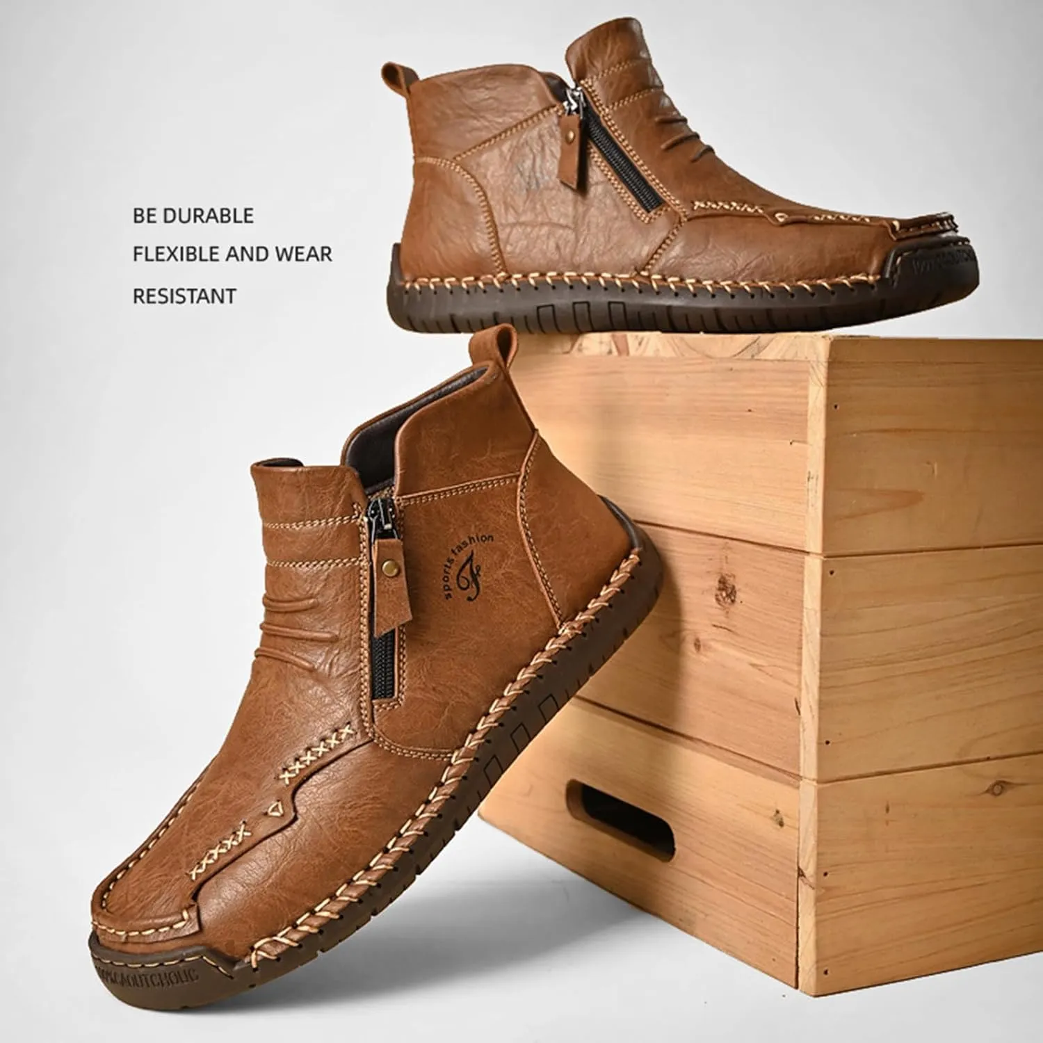 Zeberfi Men's Waterproof Leather Chukka Ankle Boots for Hiking Camping & Driving Fashion Retro Side Zip Hand Stitched High Top Outdoor Walking Sneakers Optional Warm Velvet Lining Snow Boots