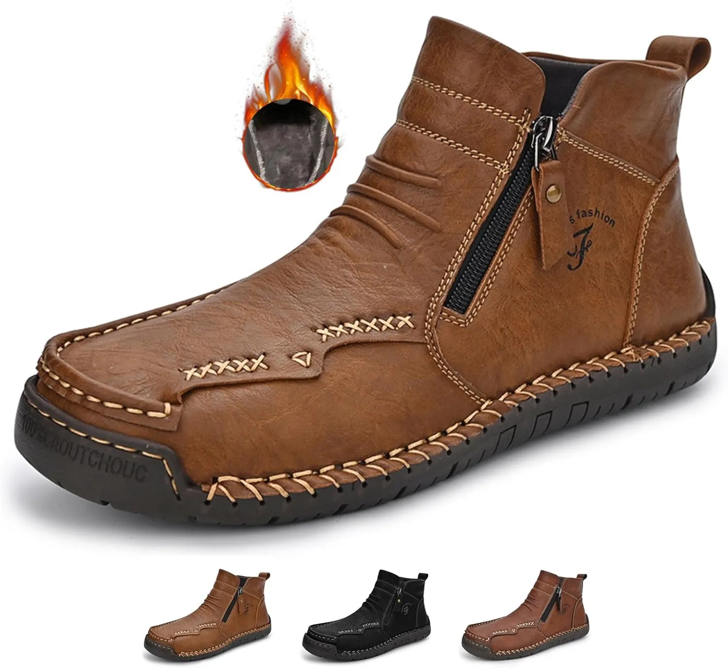 Zeberfi Men's Waterproof Leather Chukka Ankle Boots for Hiking Camping & Driving Fashion Retro Side Zip Hand Stitched High Top Outdoor Walking Sneakers Optional Warm Velvet Lining Snow Boots