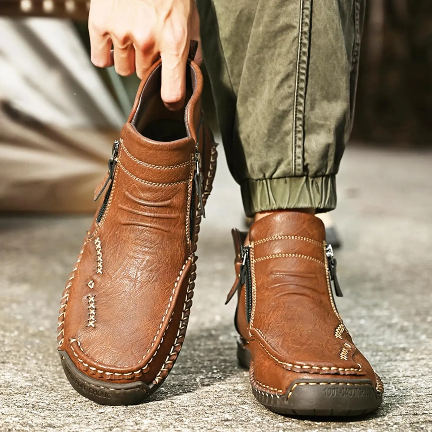 Zeberfi Men's Waterproof Leather Chukka Ankle Boots for Hiking Camping & Driving Fashion Retro Side Zip Hand Stitched High Top Outdoor Walking Sneakers Optional Warm Velvet Lining Snow Boots