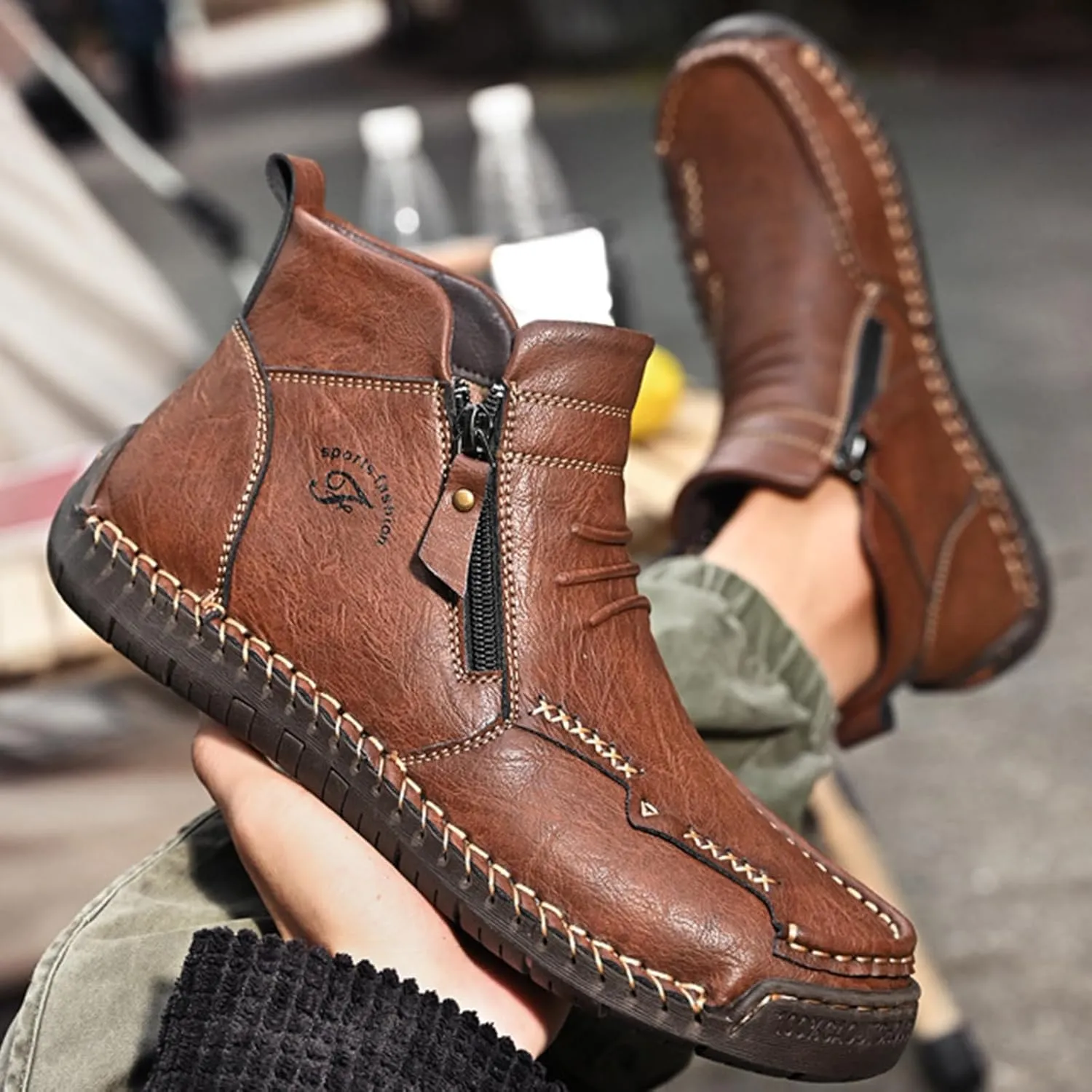 Zeberfi Men's Waterproof Leather Chukka Ankle Boots for Hiking Camping & Driving Fashion Retro Side Zip Hand Stitched High Top Outdoor Walking Sneakers Optional Warm Velvet Lining Snow Boots