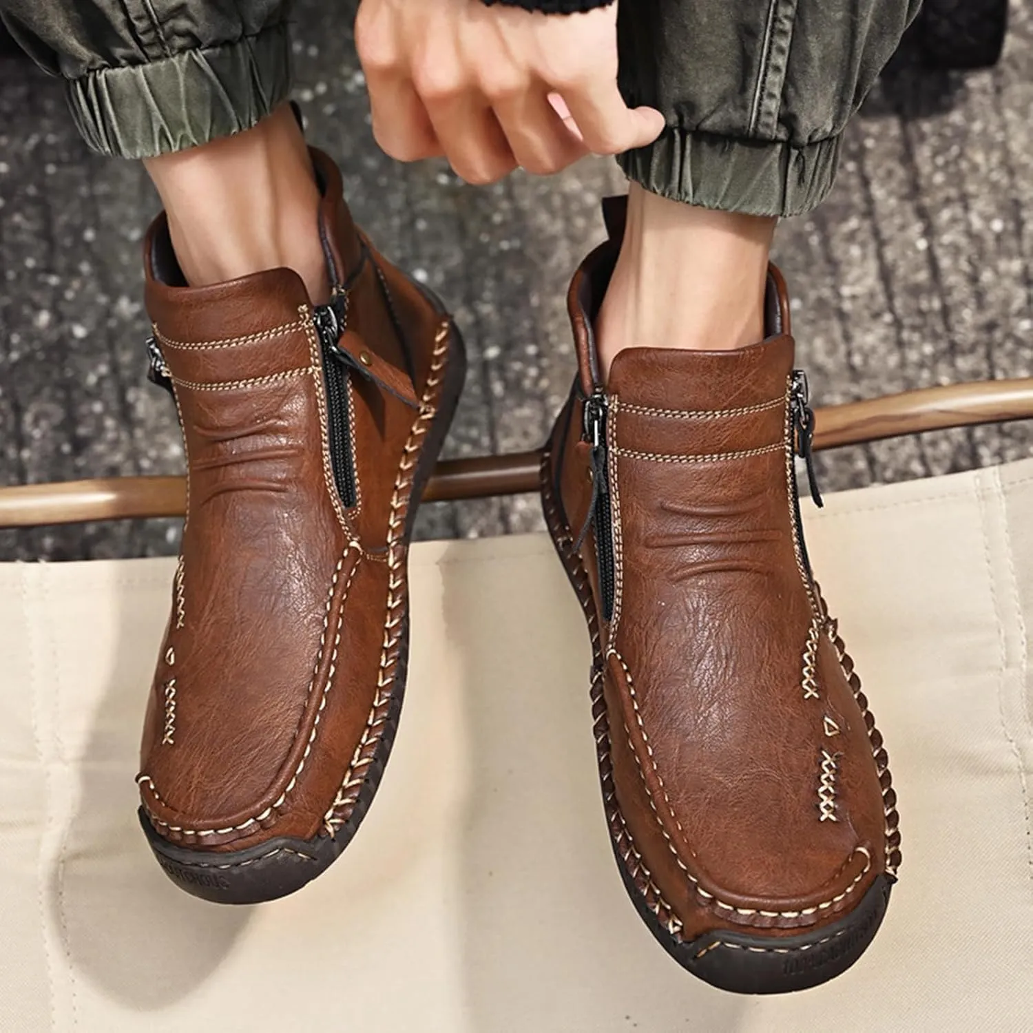 Zeberfi Men's Waterproof Leather Chukka Ankle Boots for Hiking Camping & Driving Fashion Retro Side Zip Hand Stitched High Top Outdoor Walking Sneakers Optional Warm Velvet Lining Snow Boots