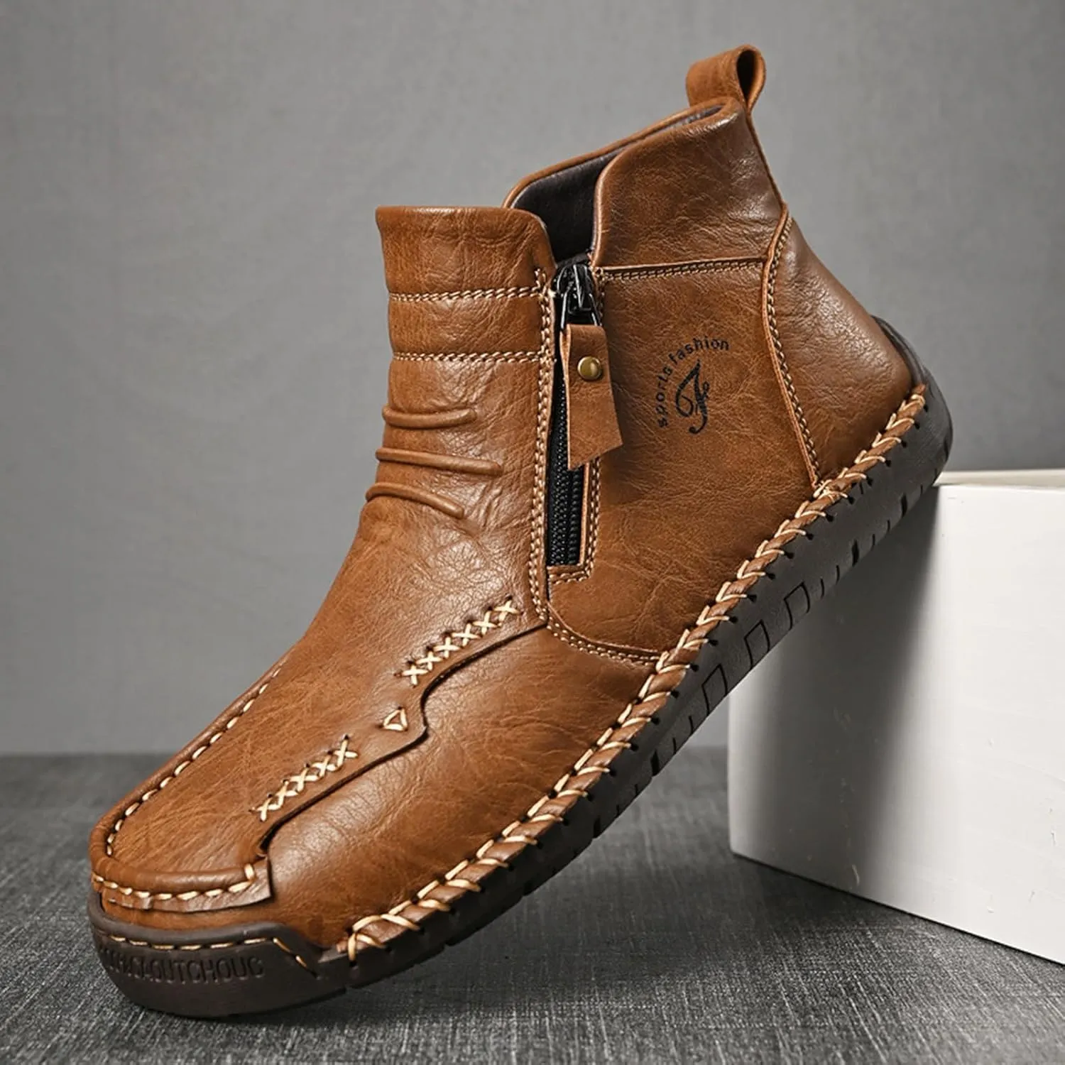 Zeberfi Men's Waterproof Leather Chukka Ankle Boots for Hiking Camping & Driving Fashion Retro Side Zip Hand Stitched High Top Outdoor Walking Sneakers Optional Warm Velvet Lining Snow Boots