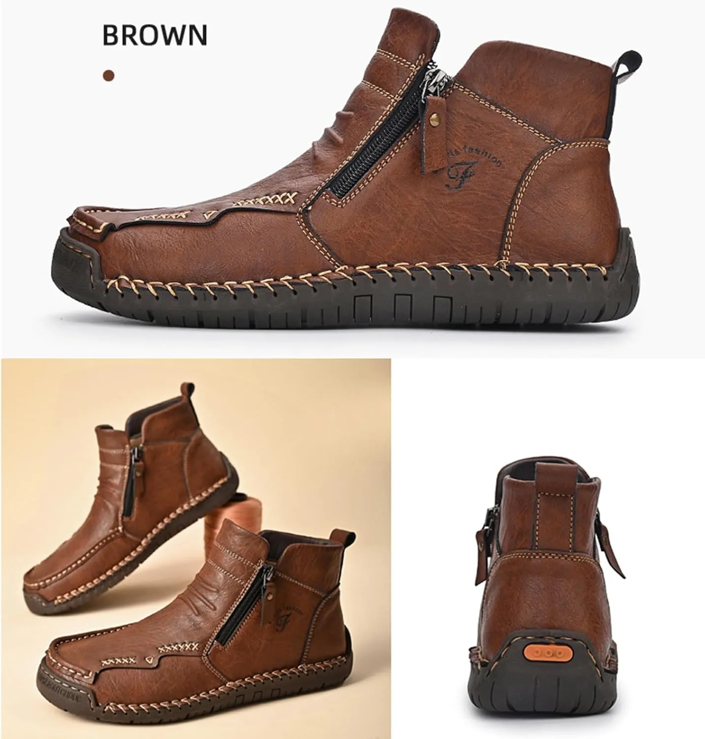 Zeberfi Men's Waterproof Leather Chukka Ankle Boots for Hiking Camping & Driving Fashion Retro Side Zip Hand Stitched High Top Outdoor Walking Sneakers Optional Warm Velvet Lining Snow Boots