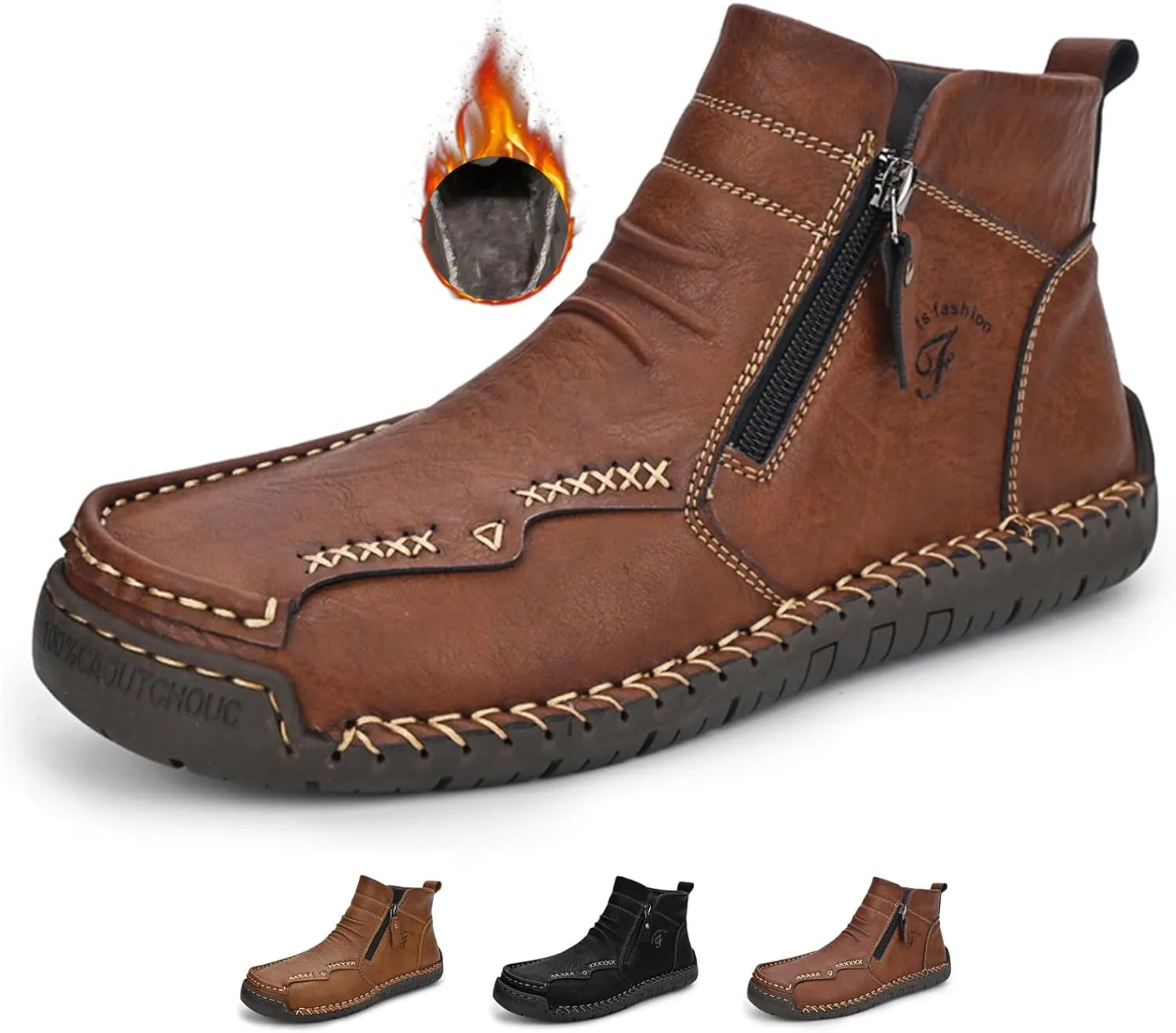 Zeberfi Men's Waterproof Leather Chukka Ankle Boots for Hiking Camping & Driving Fashion Retro Side Zip Hand Stitched High Top Outdoor Walking Sneakers Optional Warm Velvet Lining Snow Boots