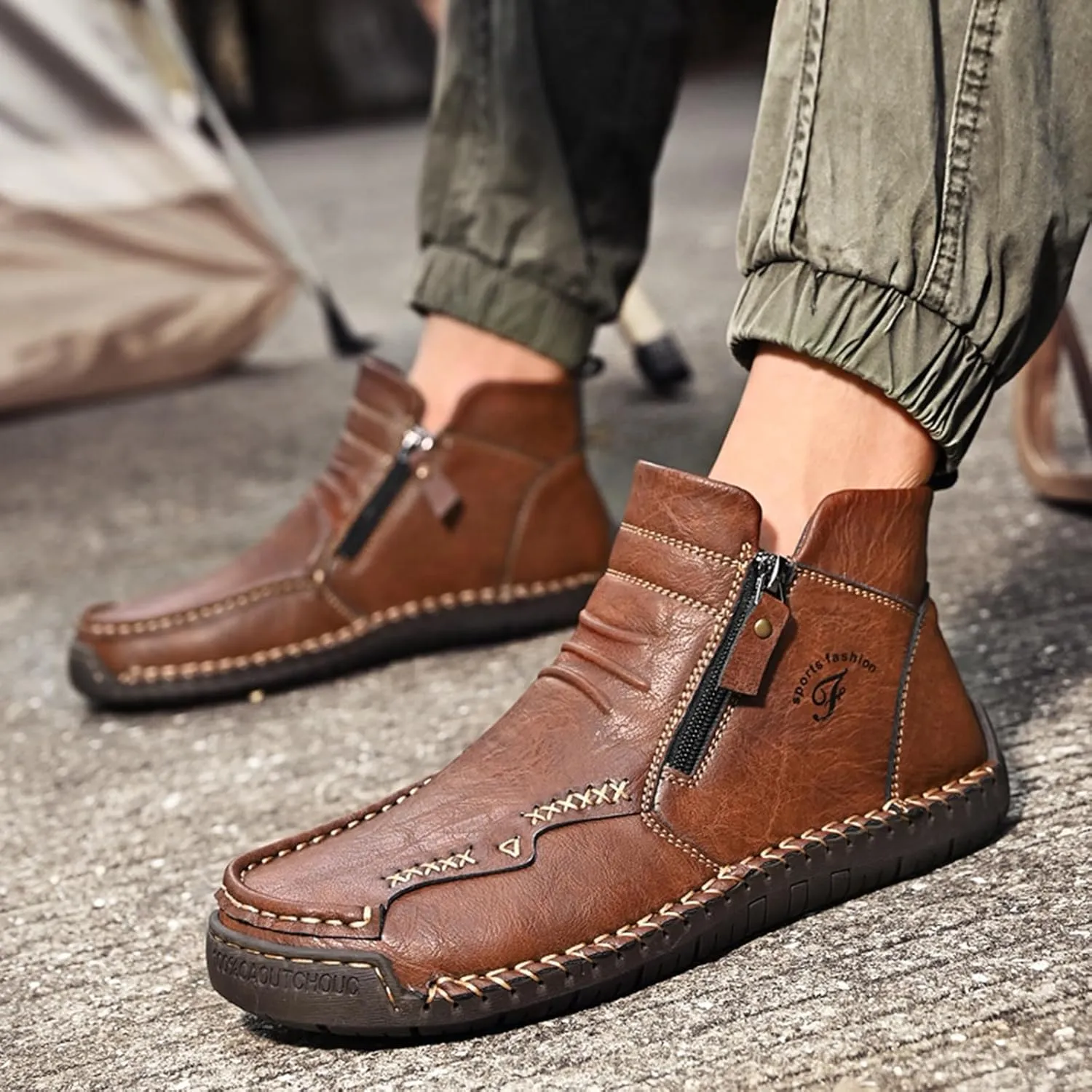 Zeberfi Men's Waterproof Leather Chukka Ankle Boots for Hiking Camping & Driving Fashion Retro Side Zip Hand Stitched High Top Outdoor Walking Sneakers Optional Warm Velvet Lining Snow Boots