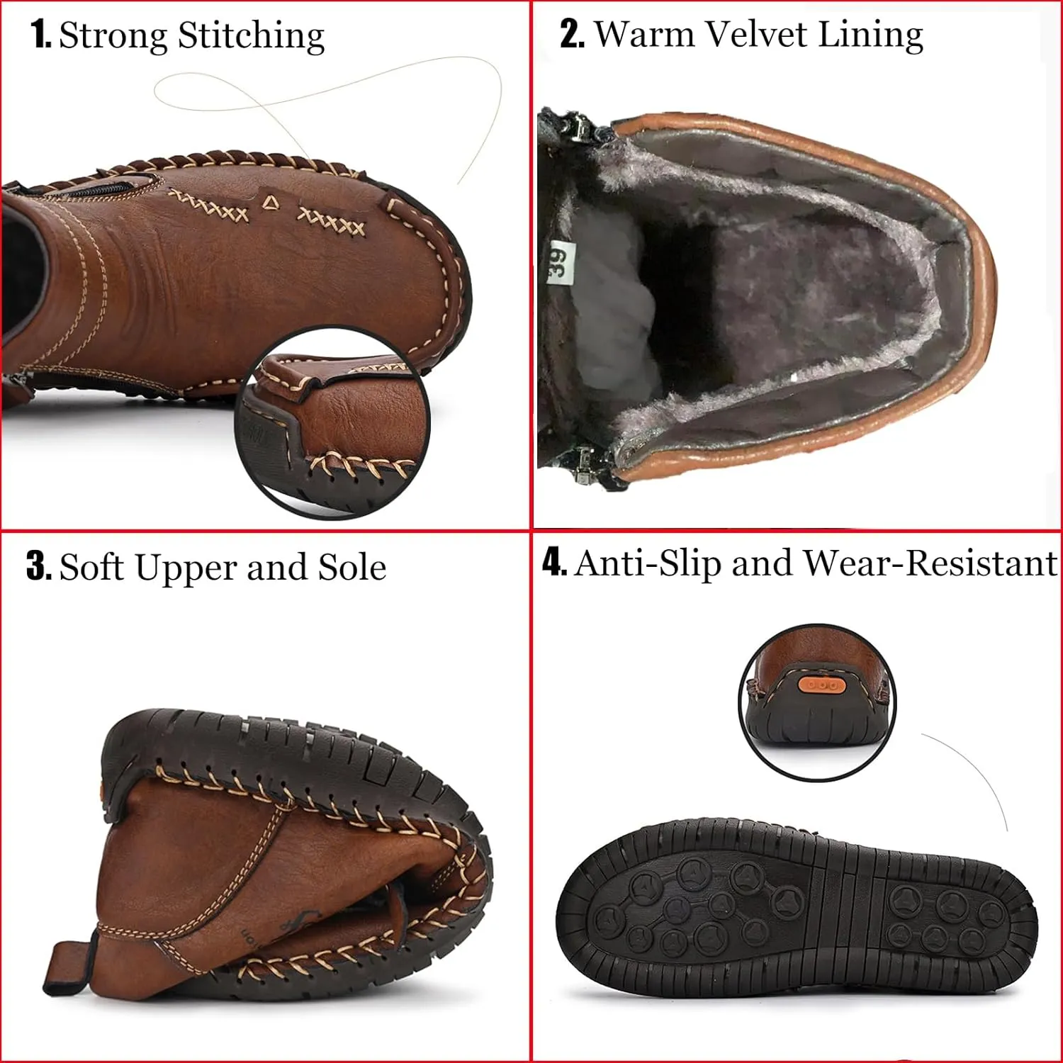 Zeberfi Men's Waterproof Leather Chukka Ankle Boots for Hiking Camping & Driving Fashion Retro Side Zip Hand Stitched High Top Outdoor Walking Sneakers Optional Warm Velvet Lining Snow Boots