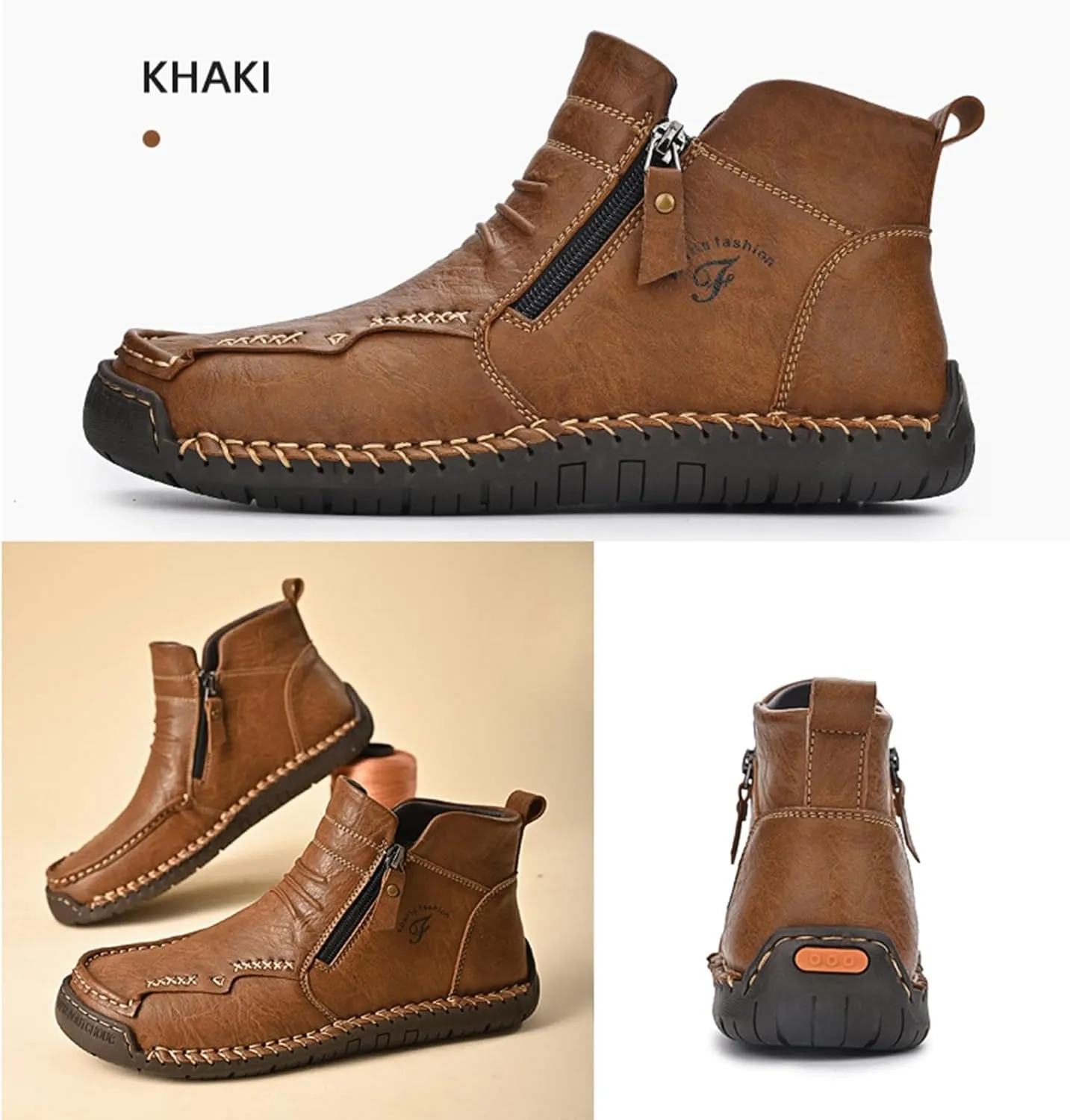 Zeberfi Men's Waterproof Leather Chukka Ankle Boots for Hiking Camping & Driving Fashion Retro Side Zip Hand Stitched High Top Outdoor Walking Sneakers Optional Warm Velvet Lining Snow Boots